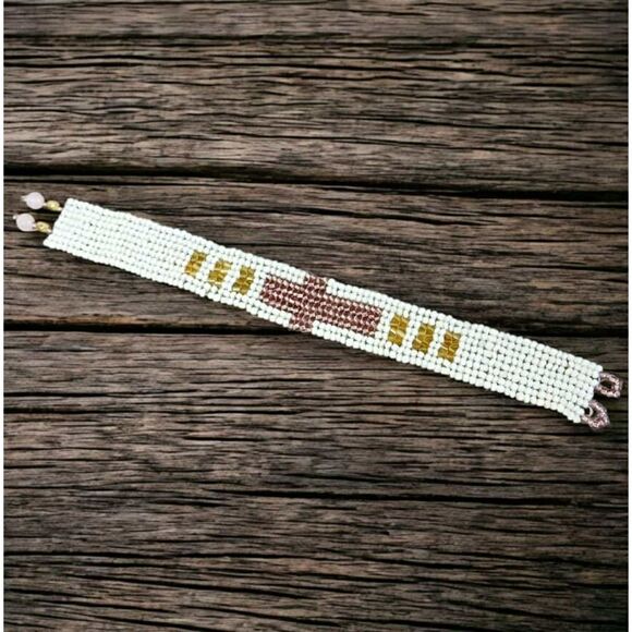 Beaded Herringbone Cross Rose Quartz Gemstone Bracelet 8 - Picture 1 of 5